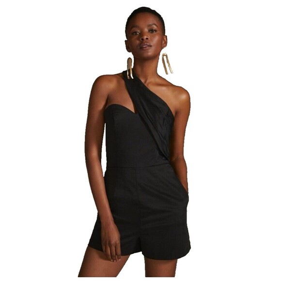 NWT Anthropologie Hutch 16W One Shoulder cotton Solid Black Romper - Picture 1 of 11
